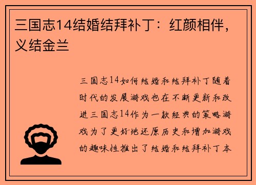 三国志14结婚结拜补丁：红颜相伴，义结金兰