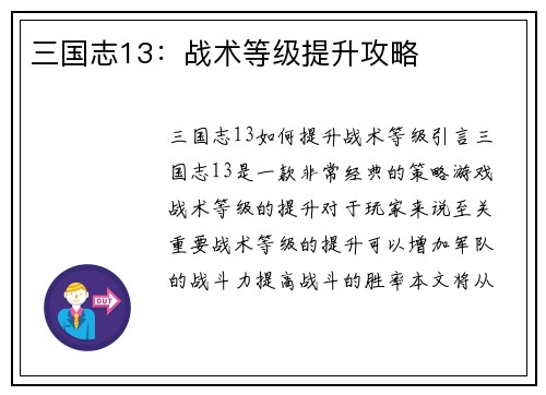 三国志13：战术等级提升攻略