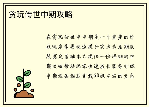 贪玩传世中期攻略